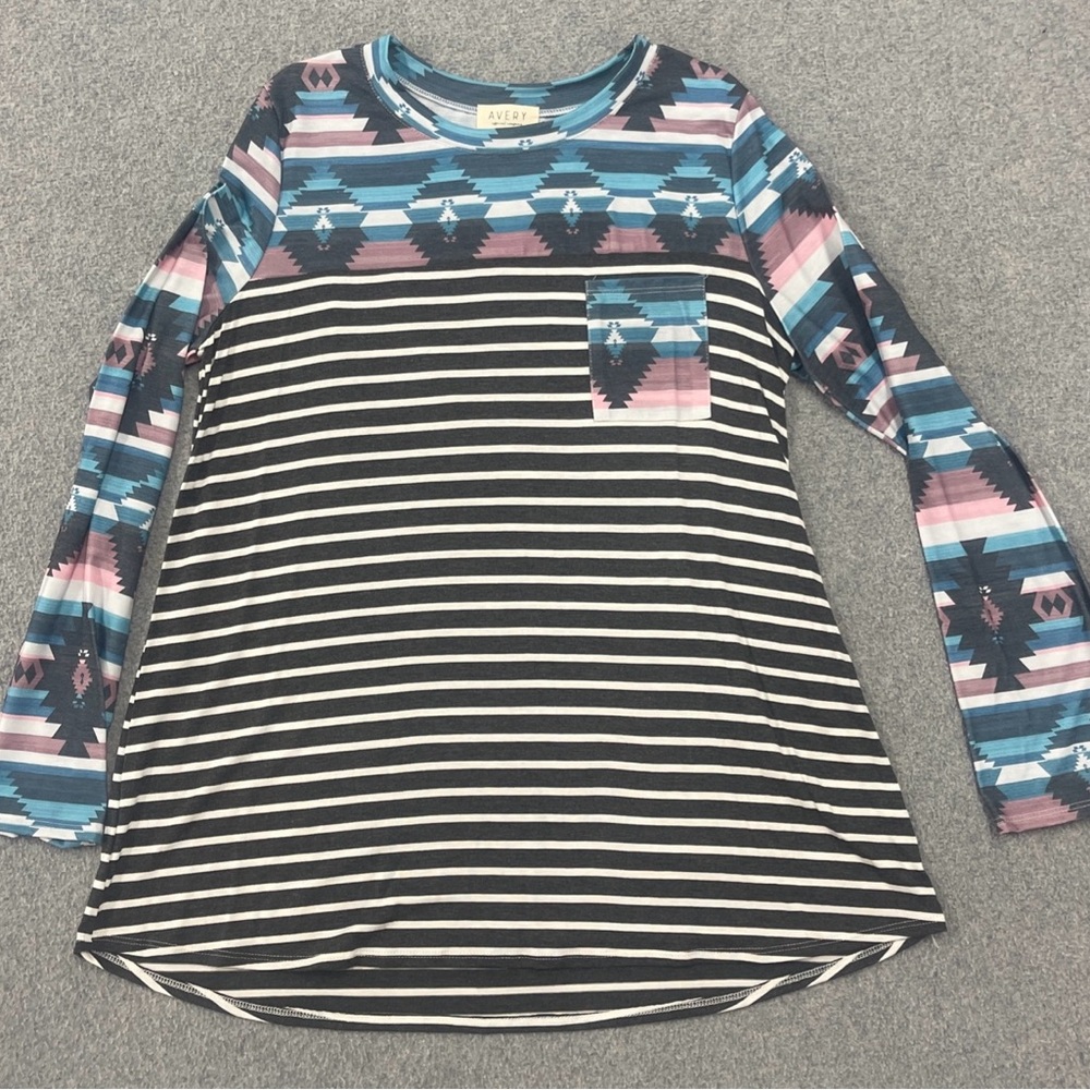 Avery Aztec & Stripe Yoke Top - Teal, Navy, White